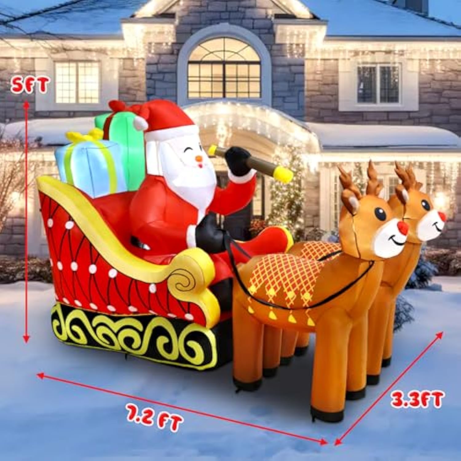 7.2Ft Christmas Inflatable Santa On Sleigh With 2 Reindeer, Inflatable Christmas Santa Sleigh Decorations With Build-In