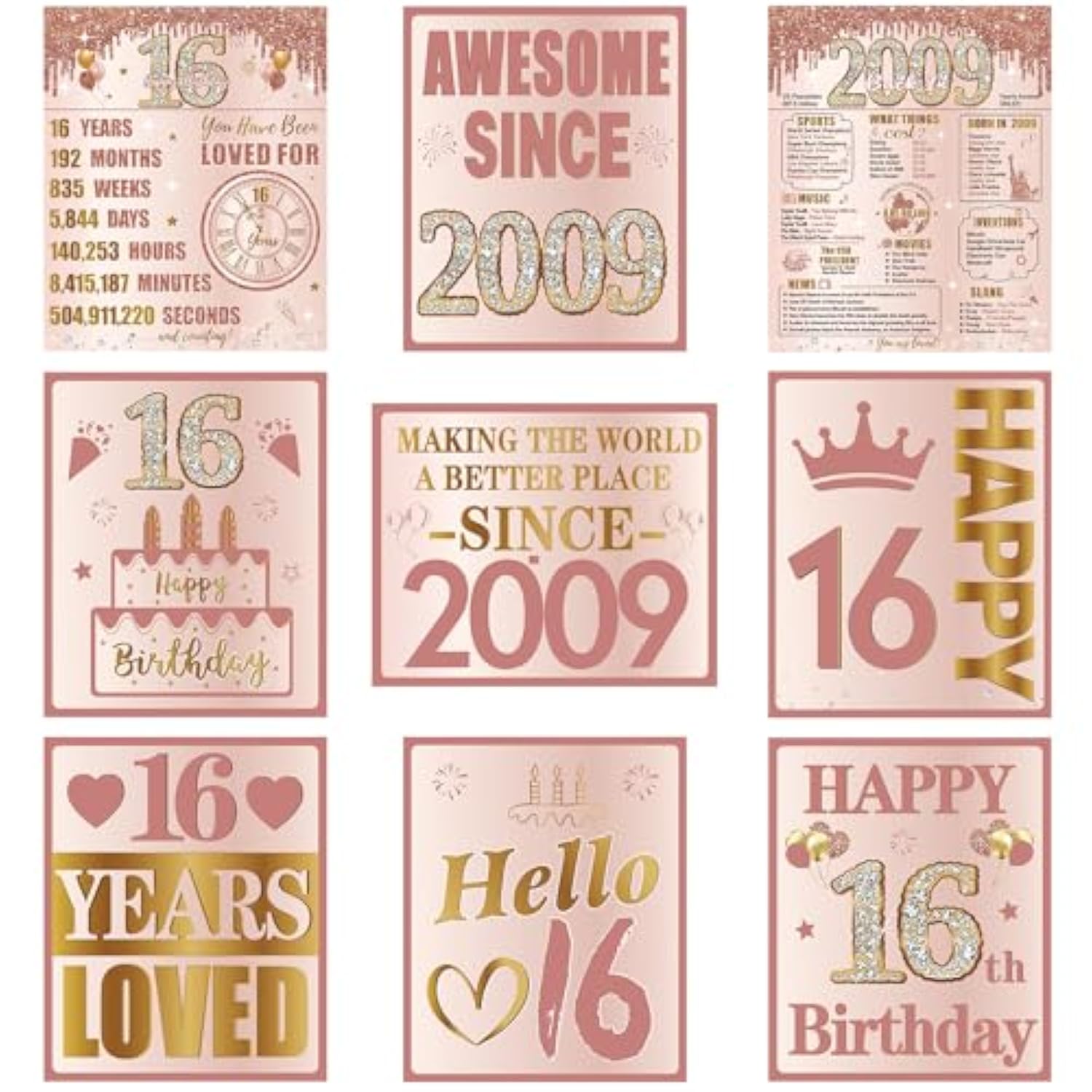 Happy 16Th Birthday Decorations For Girls, 9Pcs Pink Rose Gold 2009 Birthday Banner Signs For Walls Doors Windows Yard Garden Party Supplies, Sixteen Birthday Table Toppers Photo Props Decor
