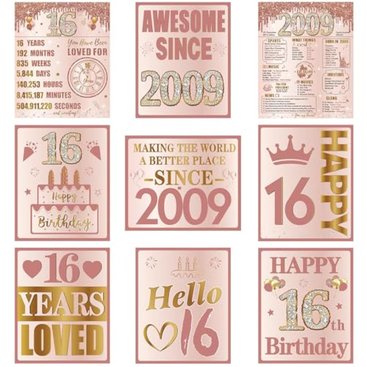 Happy 16Th Birthday Decorations For Girls, 9Pcs Pink Rose Gold 2009 Birthday Banner Signs For Walls Doors Windows Yard Garden Party Supplies, Sixteen Birthday Table Toppers Photo Props Decor