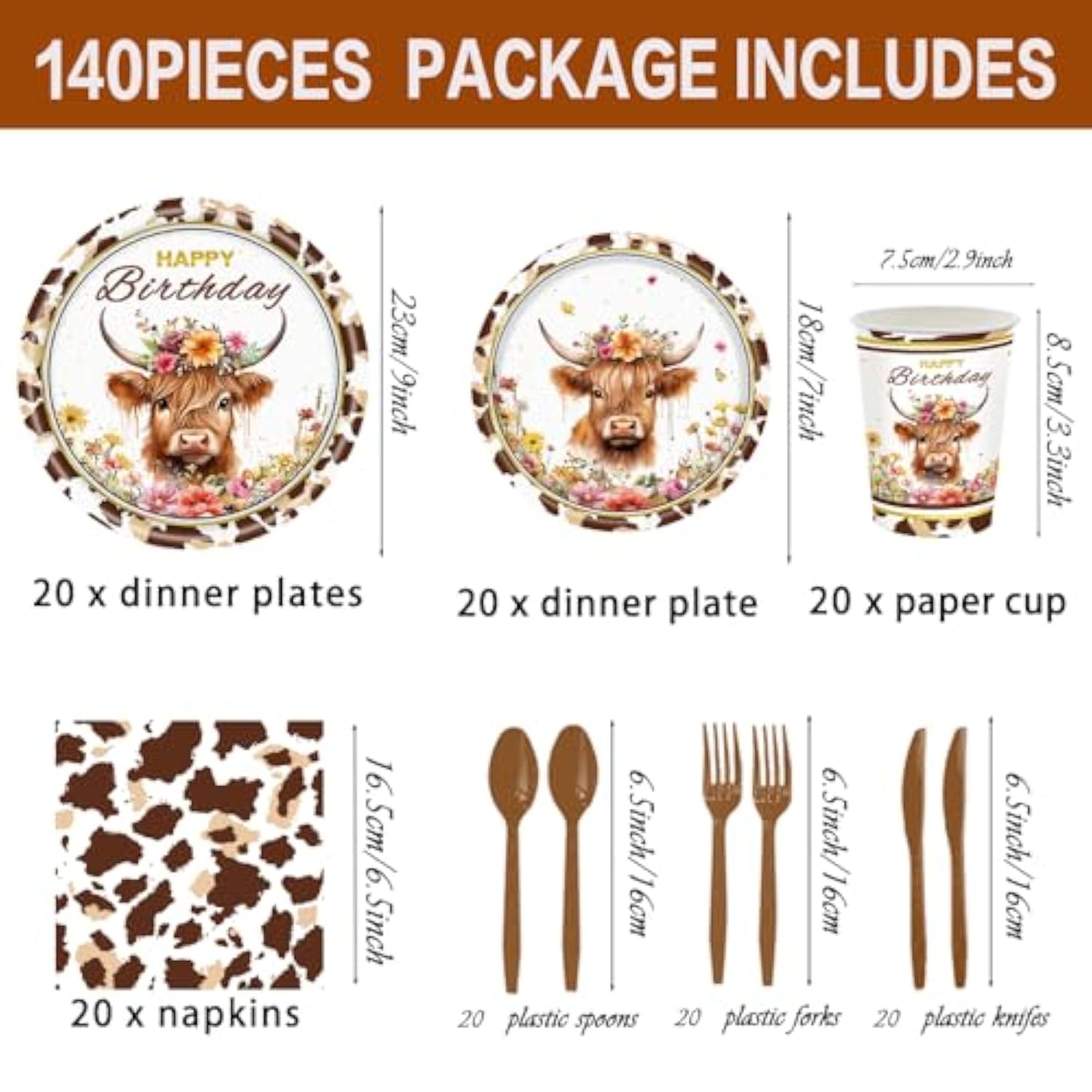 140 Pcs Highland Cow Birthday Party Supplies Holy Cow Highland Themed Baby Shower Birthday Party Decorations Disposable Tableware Set Plates Napkins Cups Serves 20