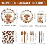 140 Pcs Highland Cow Birthday Party Supplies Holy Cow Highland Themed Baby Shower Birthday Party Decorations Disposable Tableware Set Plates Napkins Cups Serves 20