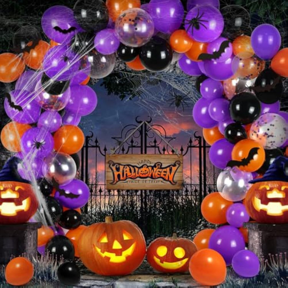 124Pcs Halloween Balloon Arch Kit - Includes Spider Webs for Indoor & Outdoor Party Decor