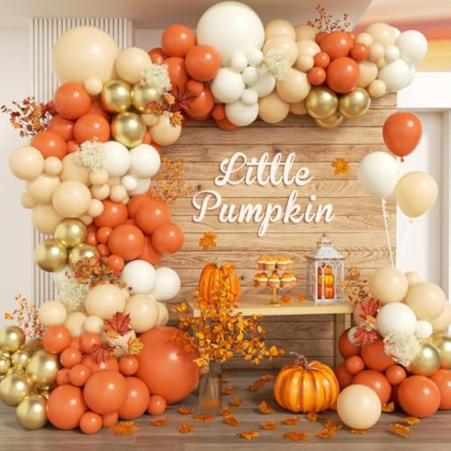 166pcs Fall Balloon Arch Kit with Orange White Gold Nude Balloons for Thanksgiving Party