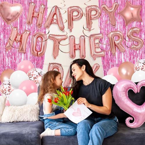 Mothers Day Decorations, 48PCS Included Happy Mothers Day Pink Rose Gold Balloon, Hanging Swirls and Pink Foil Fringe Curtain, Happy Mothers Day Decorations for Party