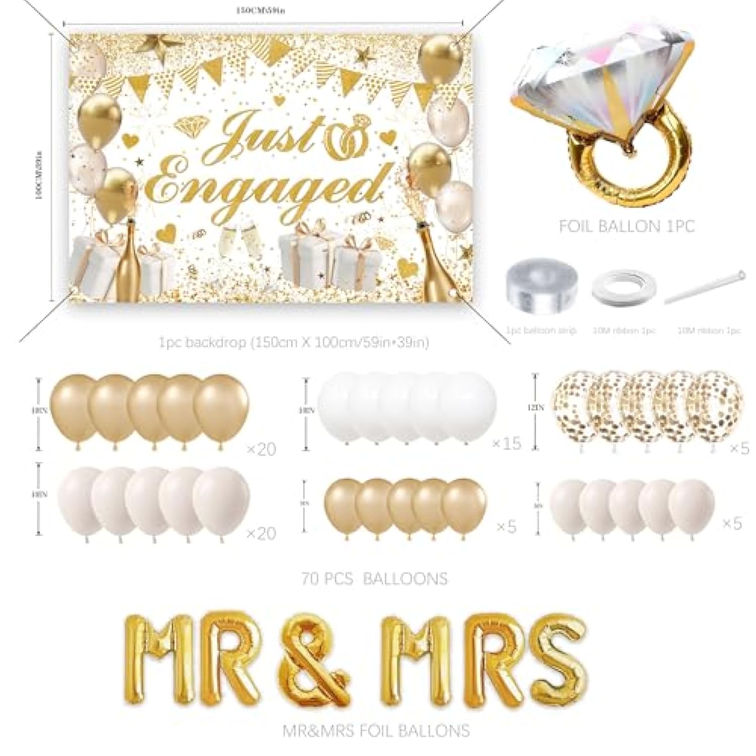 Engagement Party Decor White and Gold Balloon Arch with Just Engaged Backdrop