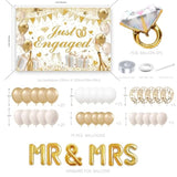 Engagement Party Decor White and Gold Balloon Arch with Just Engaged Backdrop