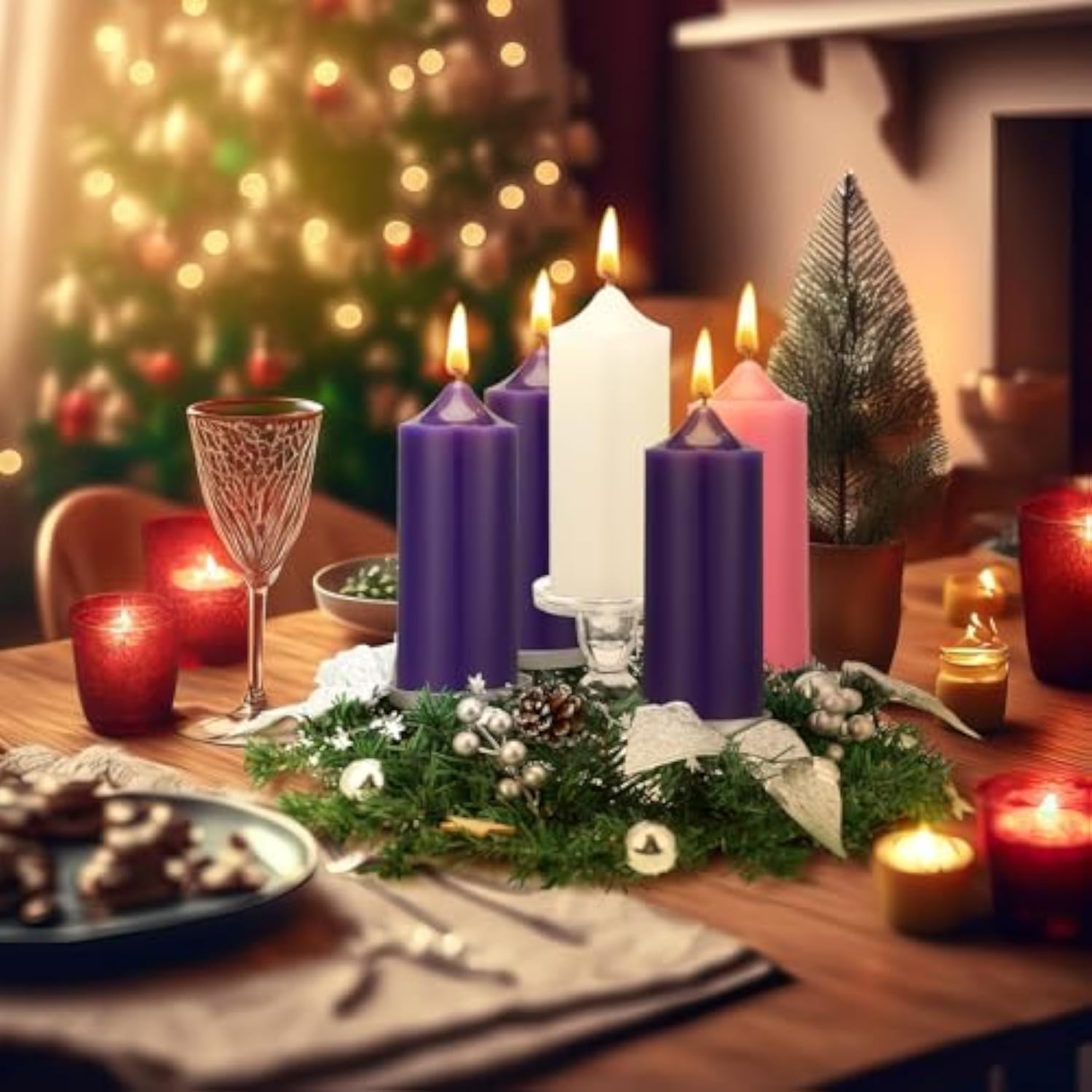 Christmas Advent Wreath Candle Holder Pillar Wreaths Centerpiece Decor Advent Calendar Ring Candleholder Decoration Stand Gifts Church(Silver)