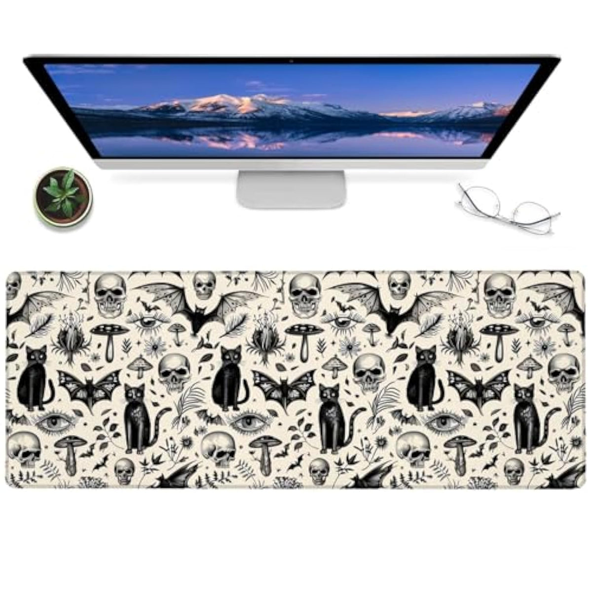 Gothic Cat And Skull Gaming Mouse Pad – 12X31.5In Non-Slip Rubber Desk Mat With Vintage Occult Design – Large Extended Mousepad For Office, Home – Deskmat Gifts For Goth And Dark Art Decor