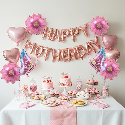 Mother's Day Decoration 16 Inch Rose Gold Happy Mothers Day Banner Letter Balloons with Flower and Butterfly Foil Balloons for Mom Celebration Party Decorations
