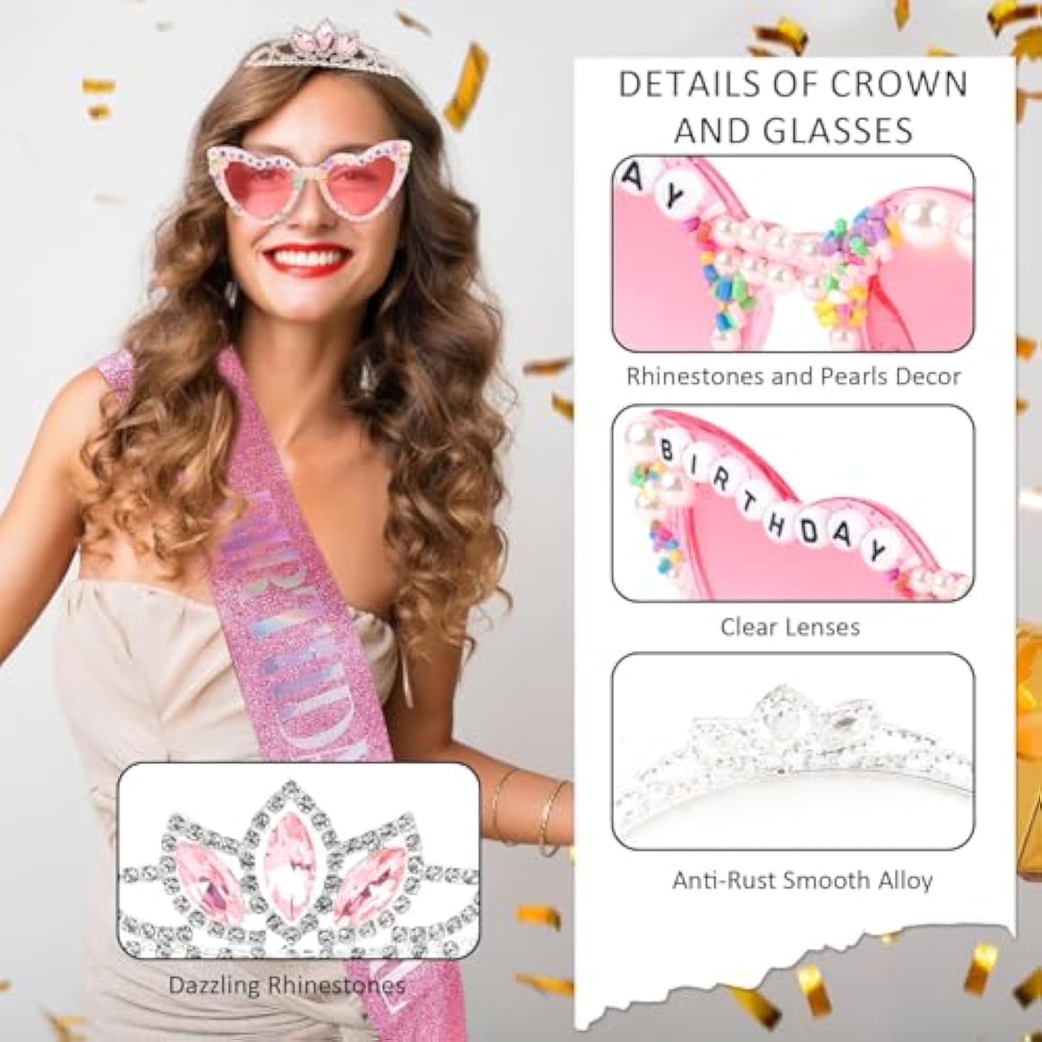 Birthday Girl Sash And Crown & Glasses Set For Women Girls, Birthday Tiara Sash For Women Glitter Pink Happy Birth Day Decorations Party Supplies
