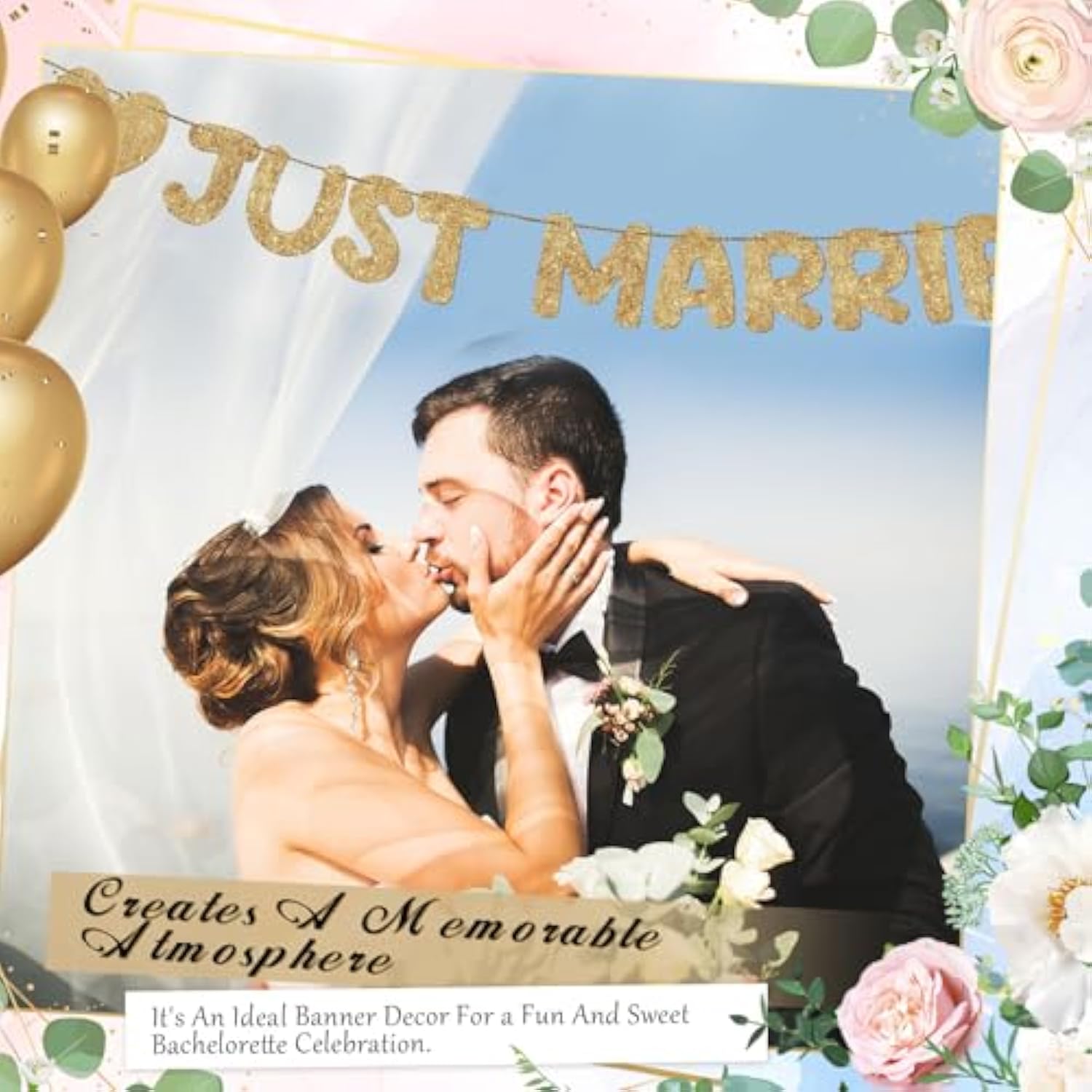 Pre Strung Just Married Banner Glitter Wedding Party Banner No Diy Just Married Sign Wedding Ceremony Decorations For Photo Booth Props Wedding Shower Party Decor(Champagne Gold)