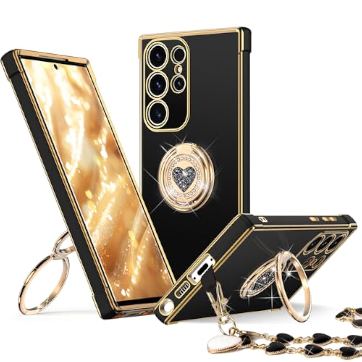Black Galaxy S25 Ultra case with bling heart design, double ring stand & protection.