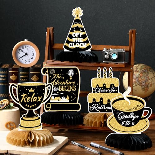 12 Pcs Retirement Party Decorations Honeycomb Gold Glitter Retirement Table Centerpieces 3D Double Sided Hello Pension Table Decoration Topper for Men Women Party Favors Supplies