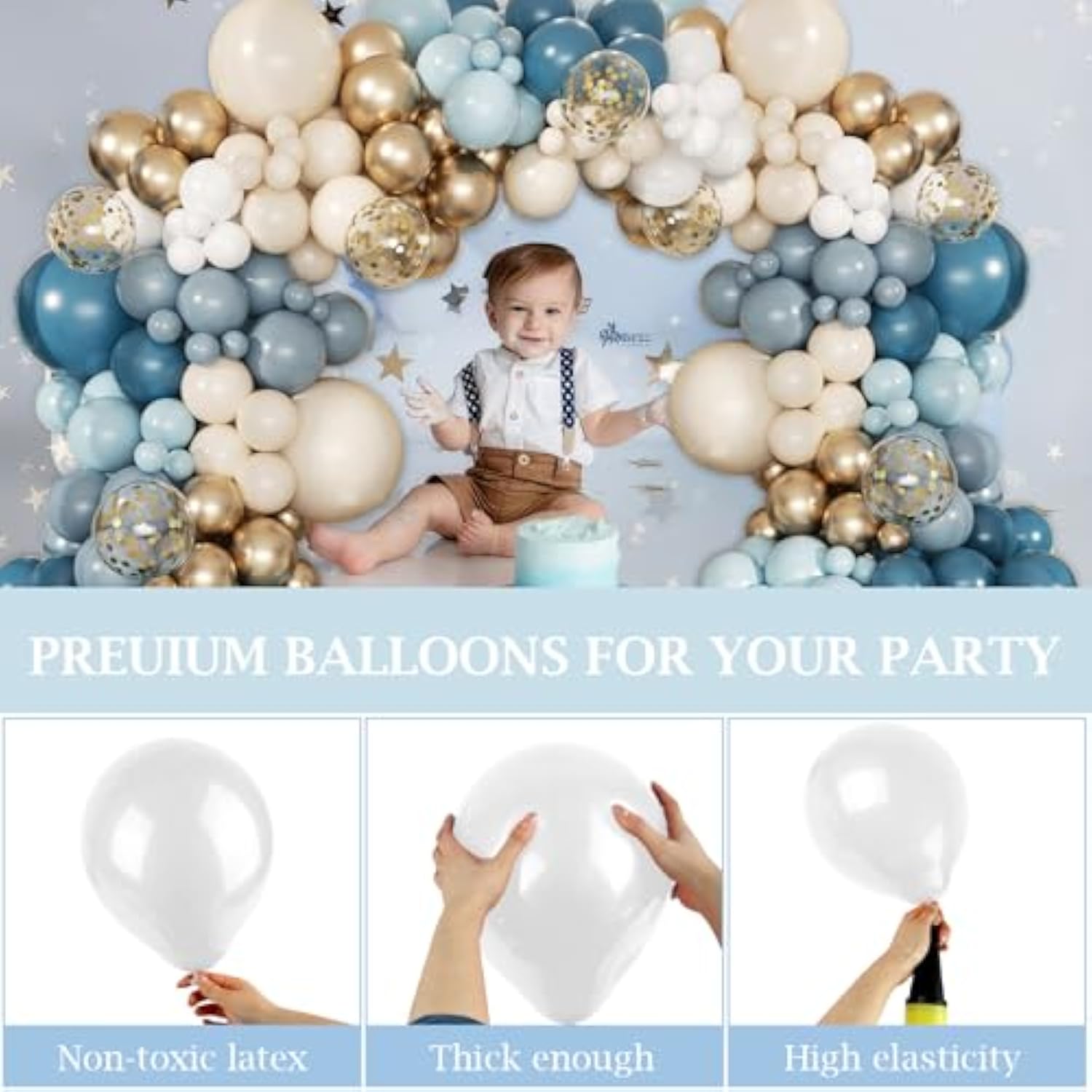 168Pcs Dusty Blue Balloon Arch Garland Kit, Slate Fog Baby Blue Sand White Confetti Metallic Gold Balloons For Boy Girl Baby Shower Birthday Bridal Gender Reveal Party Decorations Supplies