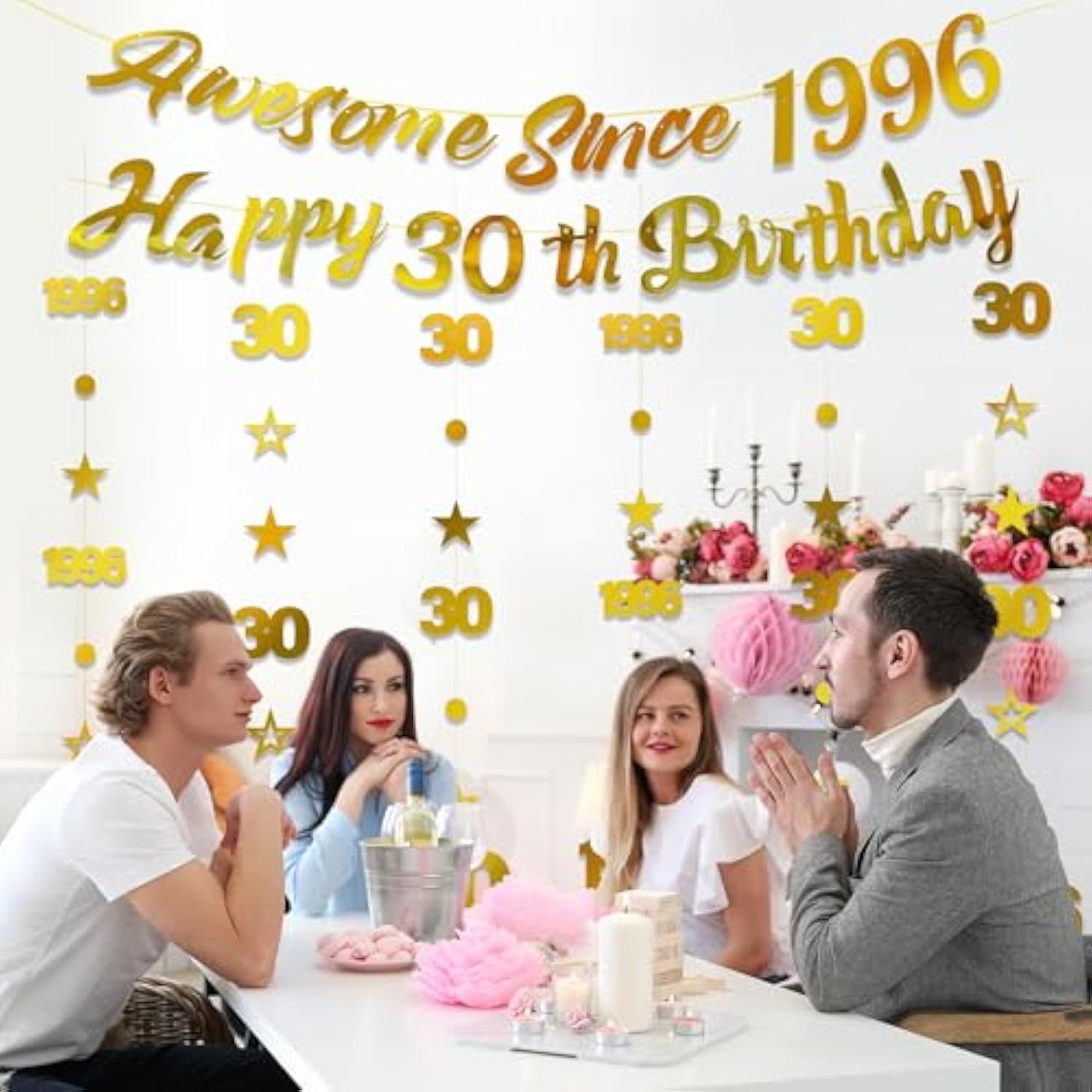 30Th Birthday Decorations Party Banner - 8 Pcs Gold Awesome Since 1996 Happy 30Th Birthday Banners Star Circle Dot Hanging Swirls Decor Gifts For 30 Year Old Thirty Men Women Supplies