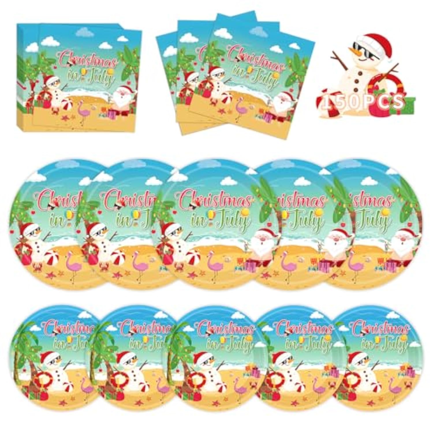 150Pcs Christmas In July Plates And Napkins - Merry Christmas Dinner Dessert Paper Plates Napkins Tableware Set For Hawaiian Beach Summer Xmas Decorations Party Supplies Tables Decor Favors,Serves 50