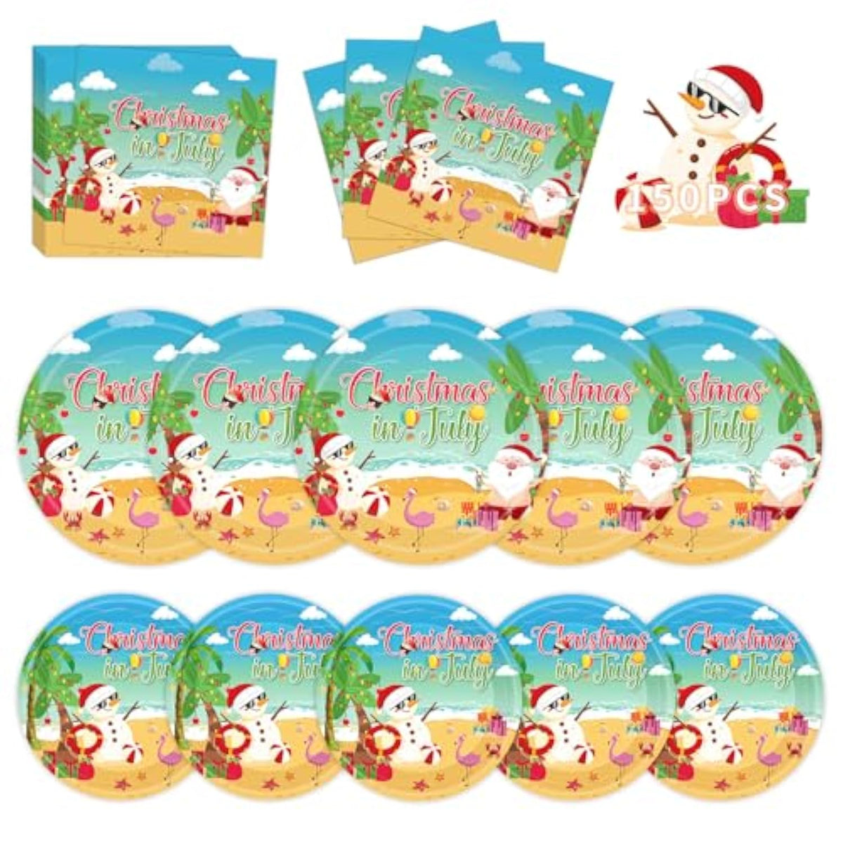 150Pcs Christmas In July Plates And Napkins - Merry Christmas Dinner Dessert Paper Plates Napkins Tableware Set For Hawaiian Beach Summer Xmas Decorations Party Supplies Tables Decor Favors,Serves 50