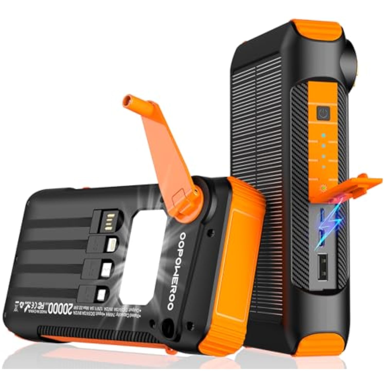 Solar Power Bank 20000Mah Built In Hand Crank And 4 Cables 22.5W Fast Charge Power Bank 5 Outputs & 5 Inputs Solar Portable Charger, Sos/Strobe/Strong Flashlights, Carabiner (Orange)