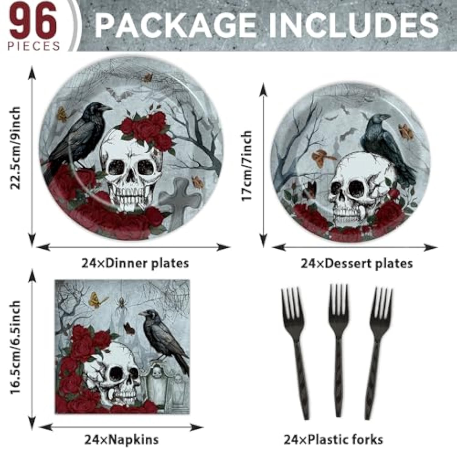 96pcs Halloween Gothic Skull Plates and Napkins Rose Crow Disposable Tableware Serves 24