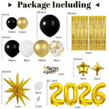 New Year Balloon Garland Arch Kit for New Year Decorations 2026 - Black Gold and White Balloons Different Sizes 5 12 18 Inch new year Eve Balloons Arch