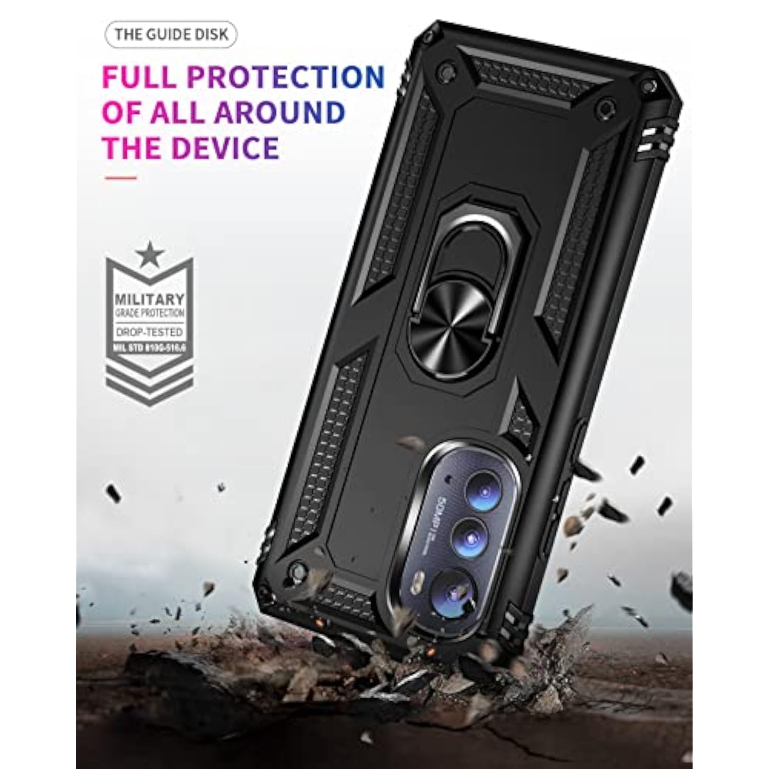 Military Grade Drop Impact For Moto Edge 2022 Case 360 Metal Rotating Ring Kickstand Holder Armor Heavy Duty Shockproof Case For Motorola Moto Edge 2022 Phone Case (Black)
