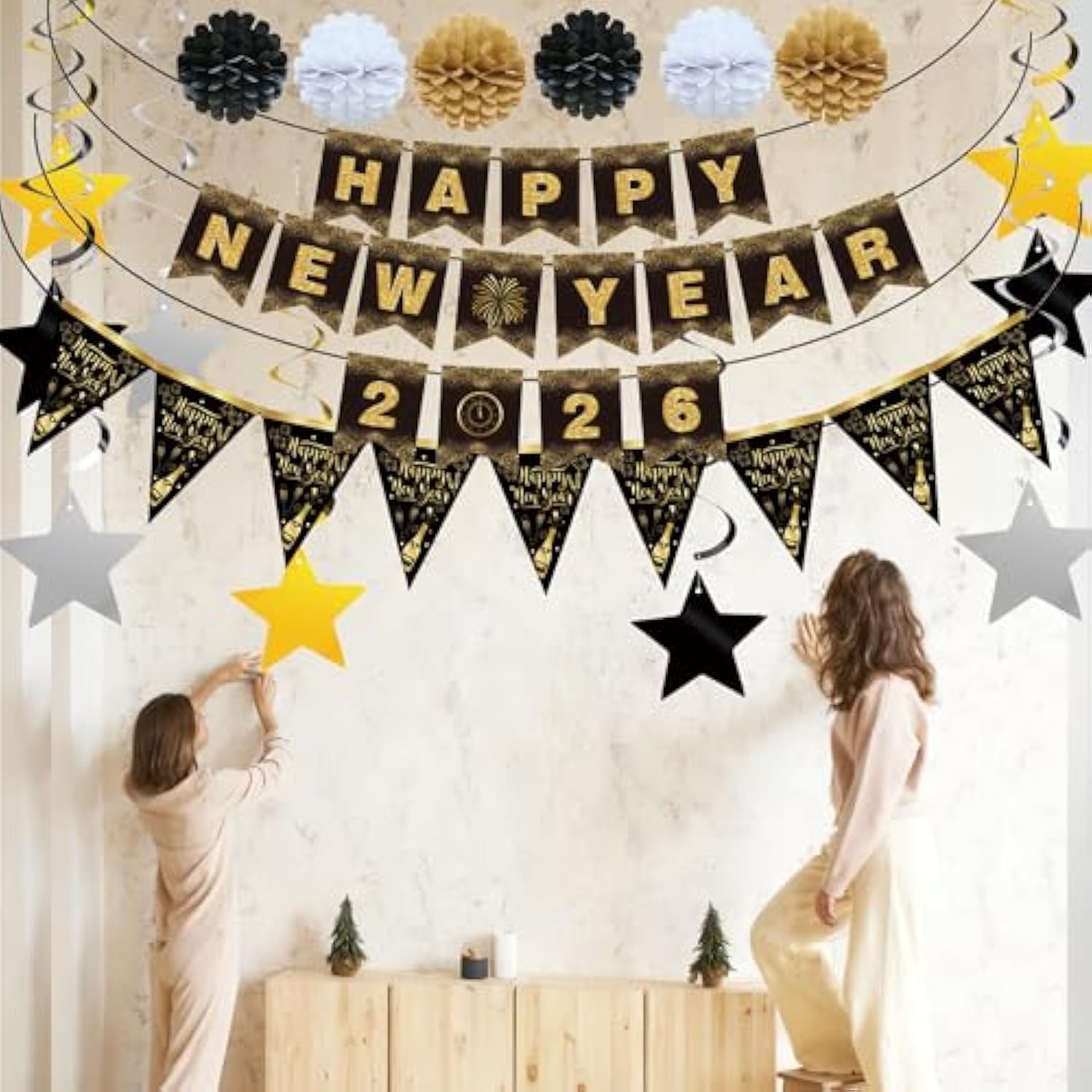 Happy New Year 2026 Party Set Black Gold Banner Swirls Flags Pom Poms