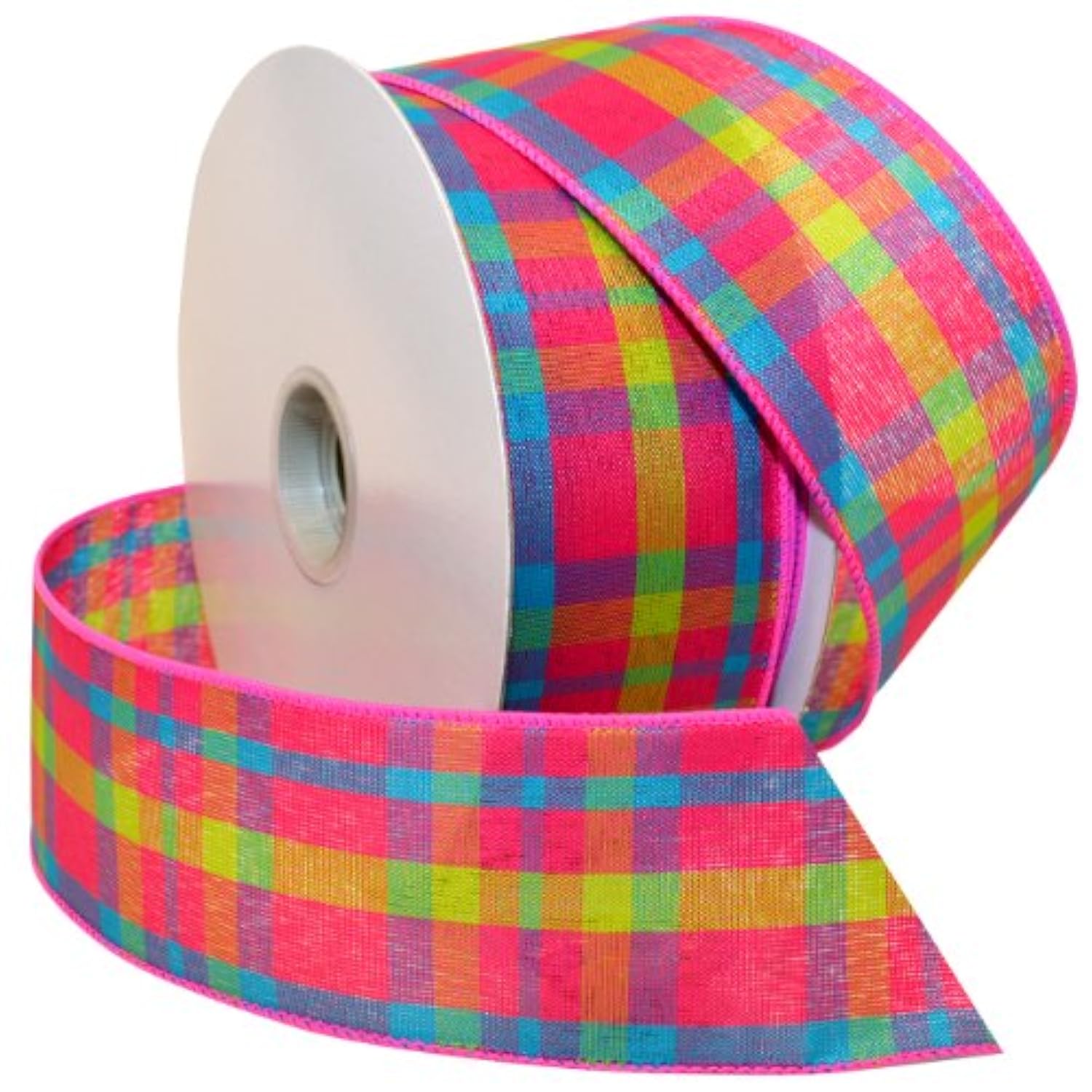 Color Chic Plaid Fabric Ribbon, 2.5" X 50 Yd, Shocking Pink/Turquoise