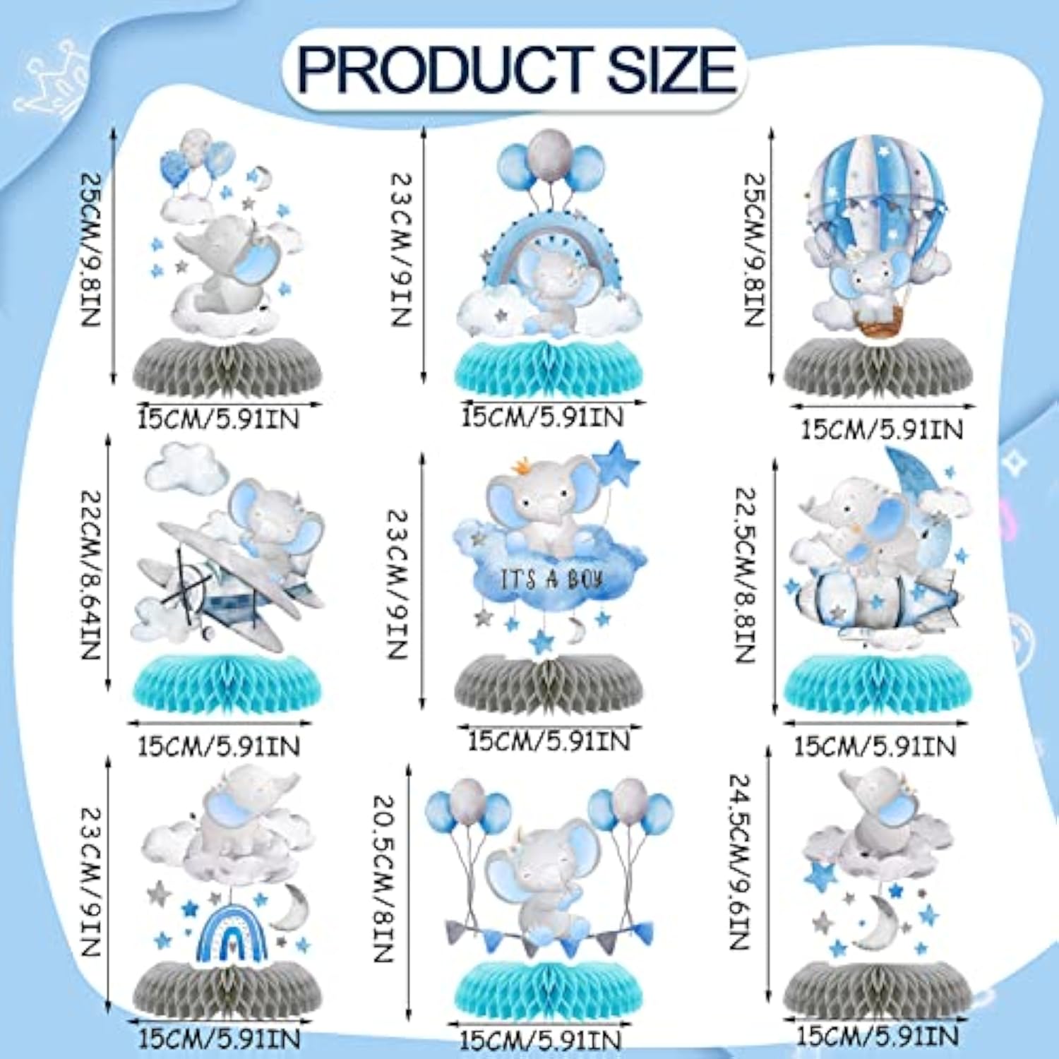 9 Pcs Elephant Baby Shower Honeycomb Centerpieces Party Decor For Boys,Cute Blue Elephant Honeycomb Balloons Star Moon Topper 3D Table Decoration For Kids Party Baby Shower Party Photo Props Supplies