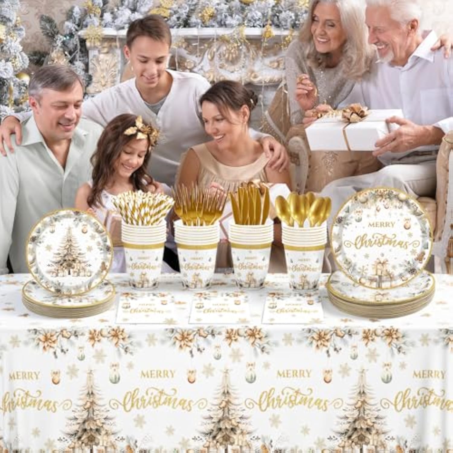 Christmas Party Supplies193Pcs, Gold Christmas Tree Disposable Dinnerware Paper Plates, Napkins, Cups, Cutlery,Tablecloth For Xmas Holiday Party Decor, Serve 24 Guestst