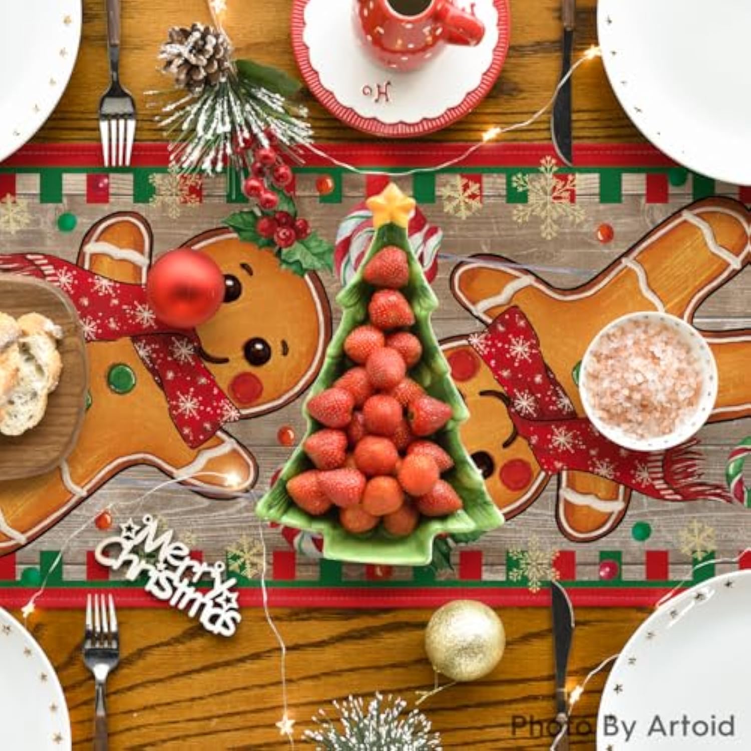 Wood Gingerbread Candy Cane Christmas Table Runner, Seasonal Winter Kitchen Dining Table Decoration For Home Party Decor 13X90 Inch
