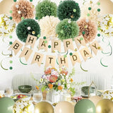 47PCS Sage Green Birthday Decor – Banner, Pompoms, Tassels, Swirls & Balloons