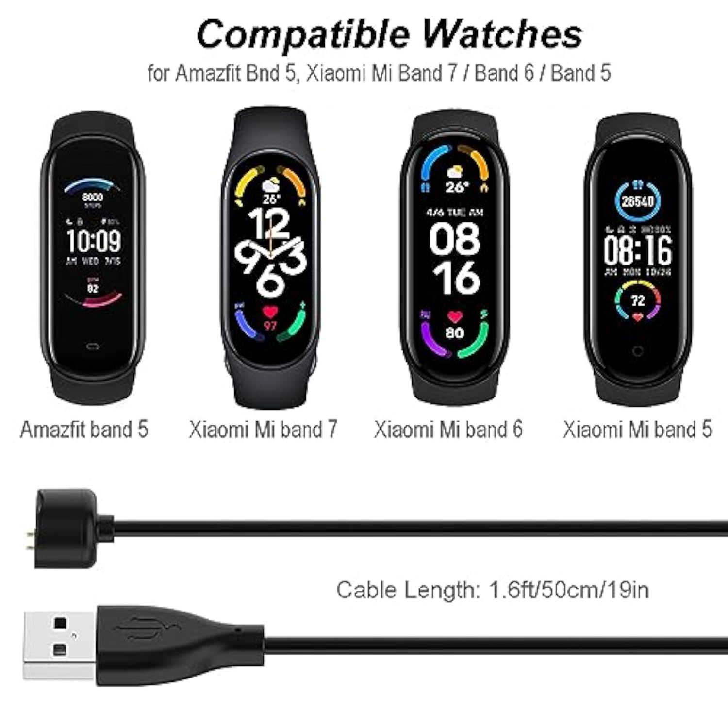 2-Pack Charger For Amazfit Band 5, Xiaomi Mi Band 7/6/5 Activity Fitness Tracker - Replacement Magnetic Charging Cable Usb Cord [50Cm/1.6Ft] (2)