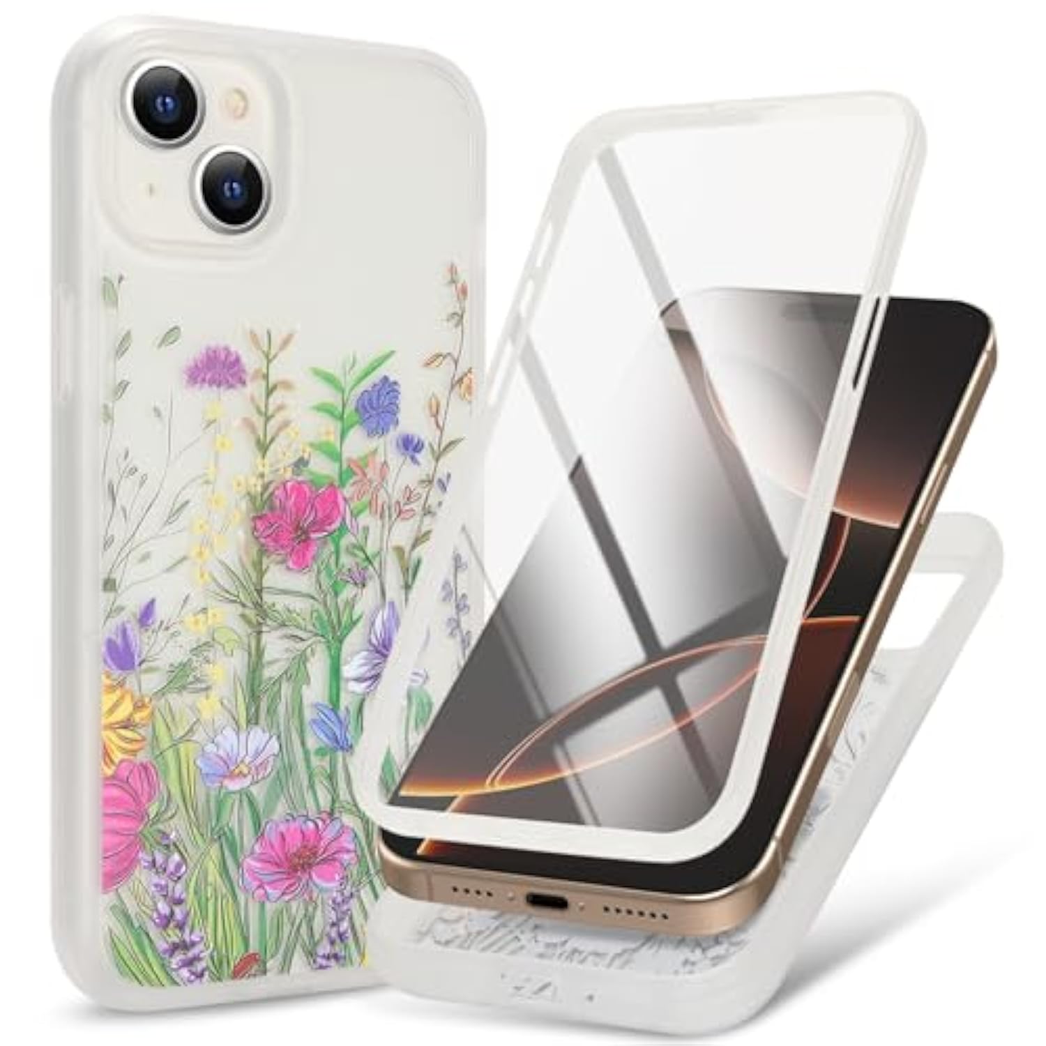 For Iphone 15 Case With Built-In Screen Protector,Clear Soft Shockproof Slim Fit Floral 360 Full Body Protective,For Apple Iphone 15 Phone Cases For Women Girls-Pattern 1