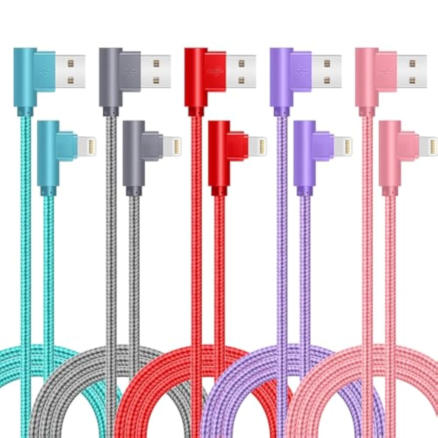 For Iphone Charger Cable Right Angle Lightning Cable 5Pack 90 Degree 6Ft Nylon Braid Charging Cord Fast Charging Compatible For Iphone 14/13/12/12Pro/11/11Pro/Xs/Max/Xr/X/8P/8/7P/7/6