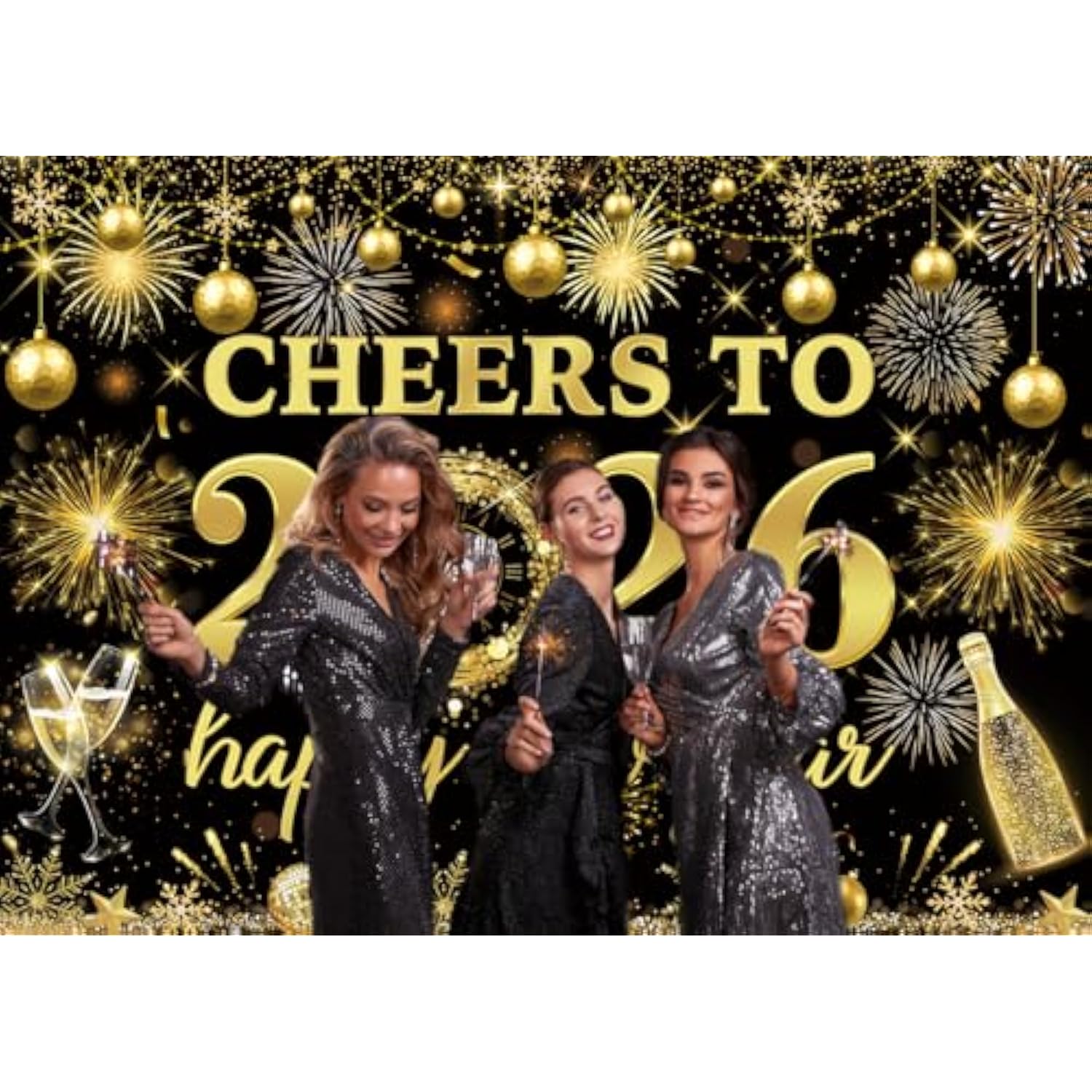 Cheers to 2026 Black Gold New Year Backdrop 7x5 ft for Party Photo Decor