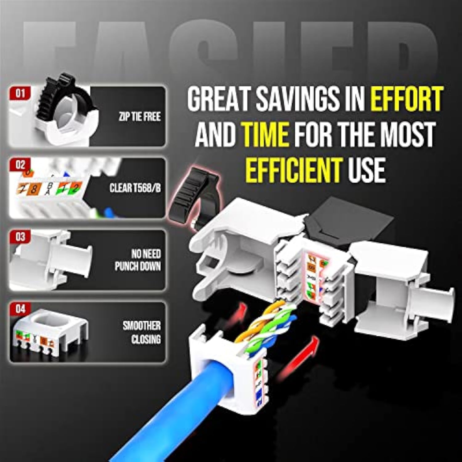 Cat6 Rj45 Keystone Jack - Reusable Utp Ethernet Wall Jack With Adjustable Ratc