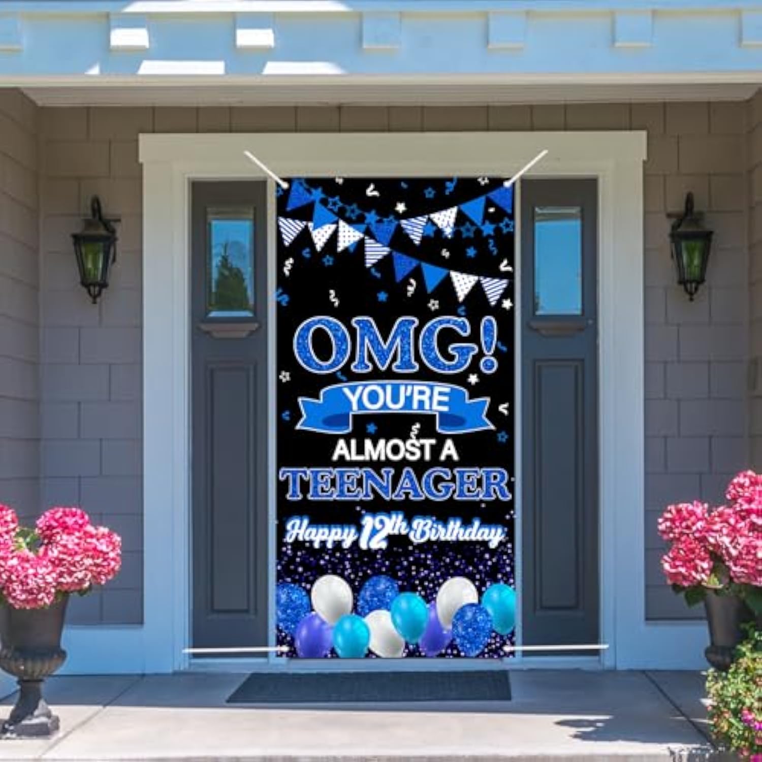 OMG You're Almost a Teenager Door Banner Blue 12th Birthday Party Sign