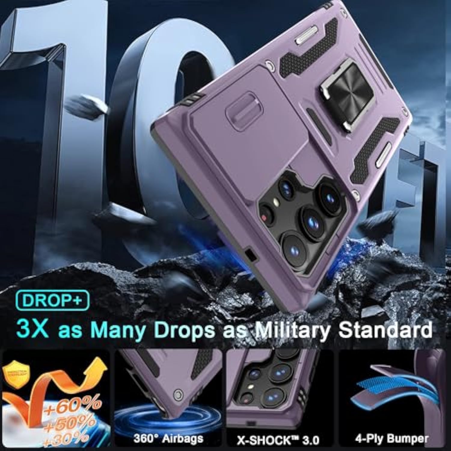 Case For Samsung Galaxy S24 Ultra With Slide Camera Cover+Screen Protector (1 Pack), Rotated Ring Kickstand Military Grade Shockproof Protective Cover-Deep Purple