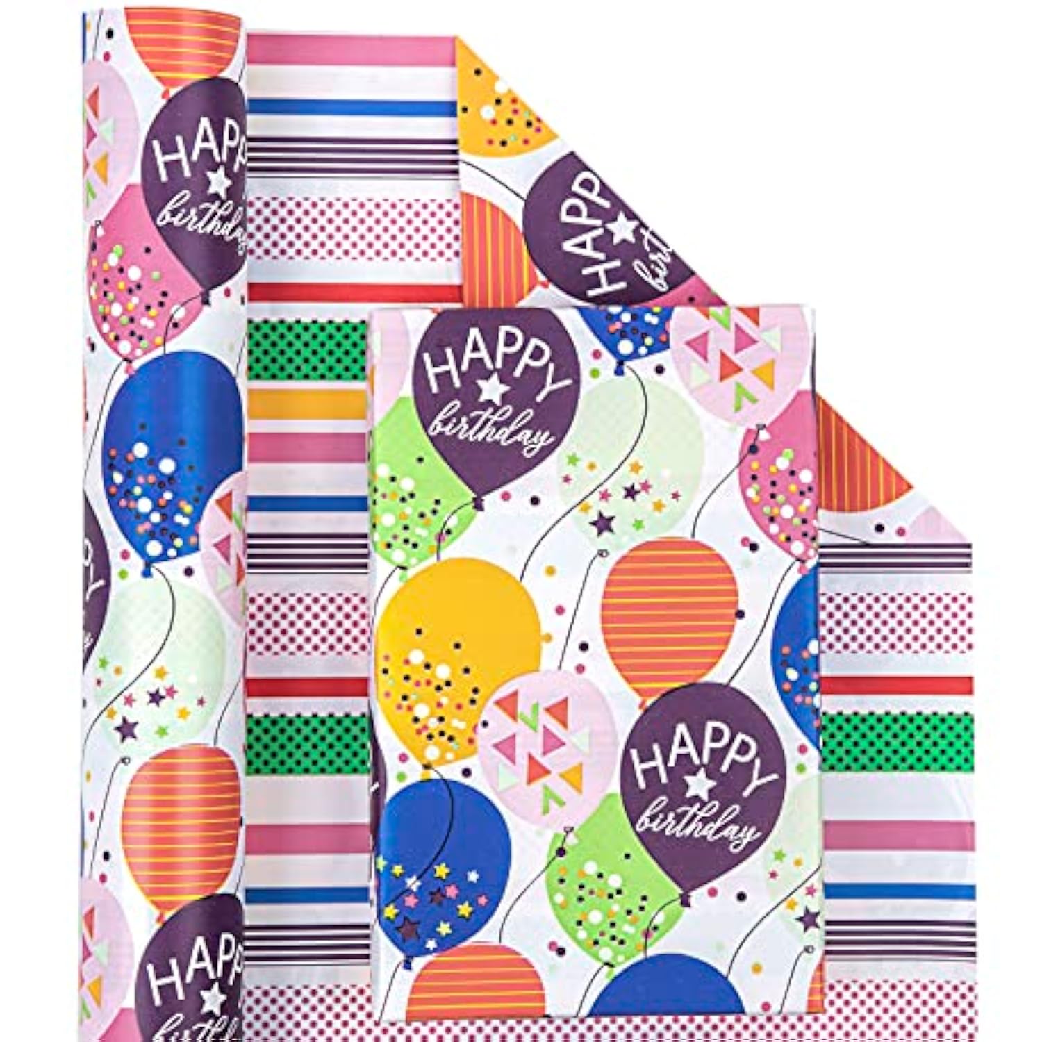 Reversible Birthday Wrapping Paper, 17"x33', Colorful Balloon & Confetti Design