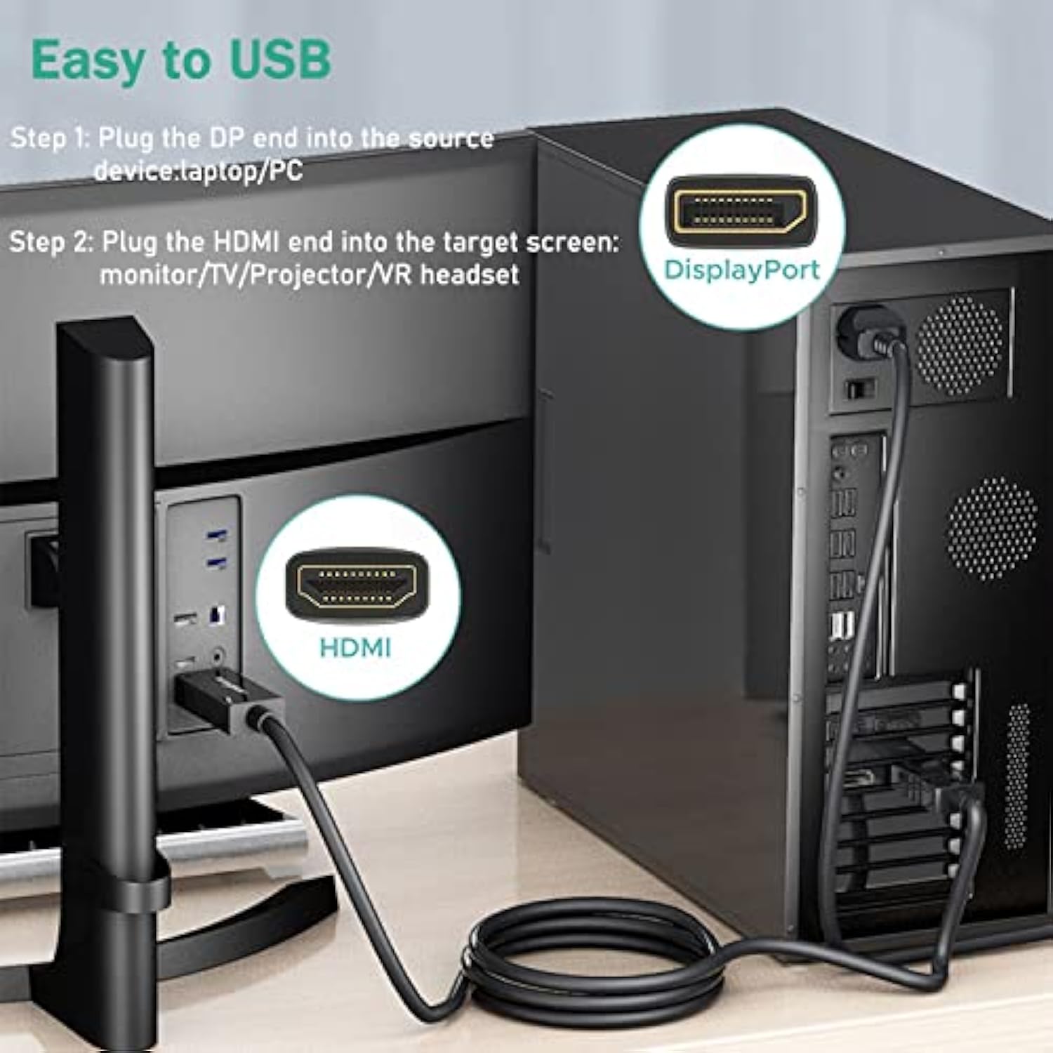 4K Displayport To Hdmi Cable Adapter 6Ft, High Speed (1440P 60Hz, 1080P 120Hz)