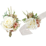 Wrist Corsage And Boutonniere Set Artificial Rose Flowers Accessories For Groom Bride Groomsmen Bridesmaids Wedding Party Prom Suit- Creamy White+Pink 2 Pieces