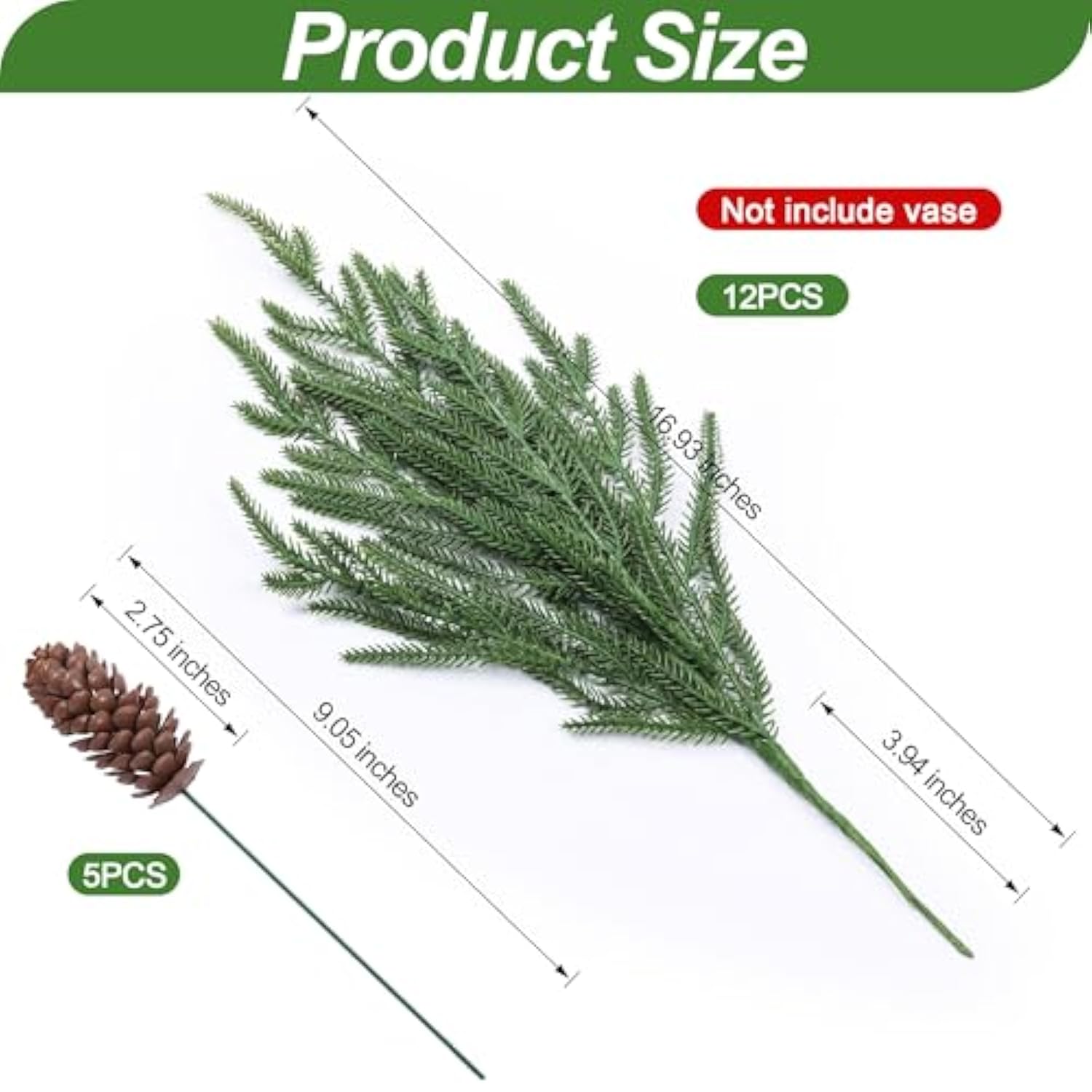 Artificial Christmas Norfolk Pine Stems Branches For Vases,12 Bundles Faux Pine Branches With 5 Pcs Big Pinecones Stems Fake Greenery Evergreen Real Touch For Holiday Winter Table Xmas Decor