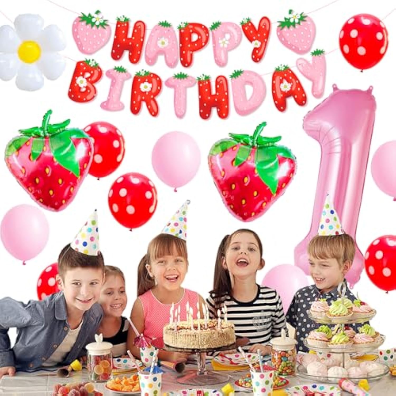 Strawberry 1st Birthday Decor Set Pink #1 Balloon, Banner & Foil Strawberries