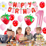 Strawberry 1st Birthday Decor Set Pink #1 Balloon, Banner & Foil Strawberries