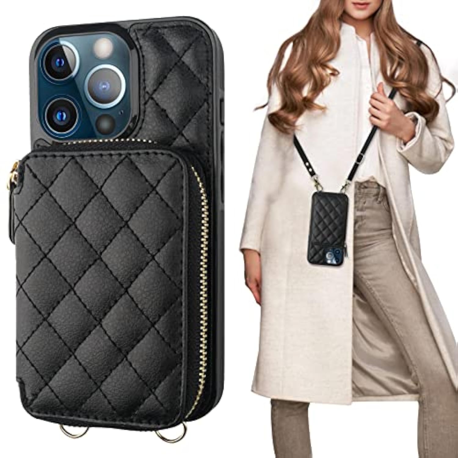 Crossbody Wallet Case For Iphone 13 Pro, Rfid Blocking Pu Leather Zipper Handbag Purse Flip Cover, Kickstand Folio Case With Card Slots Holder Wrist Strap Lanyard 5G 6.1 Inch (Black)