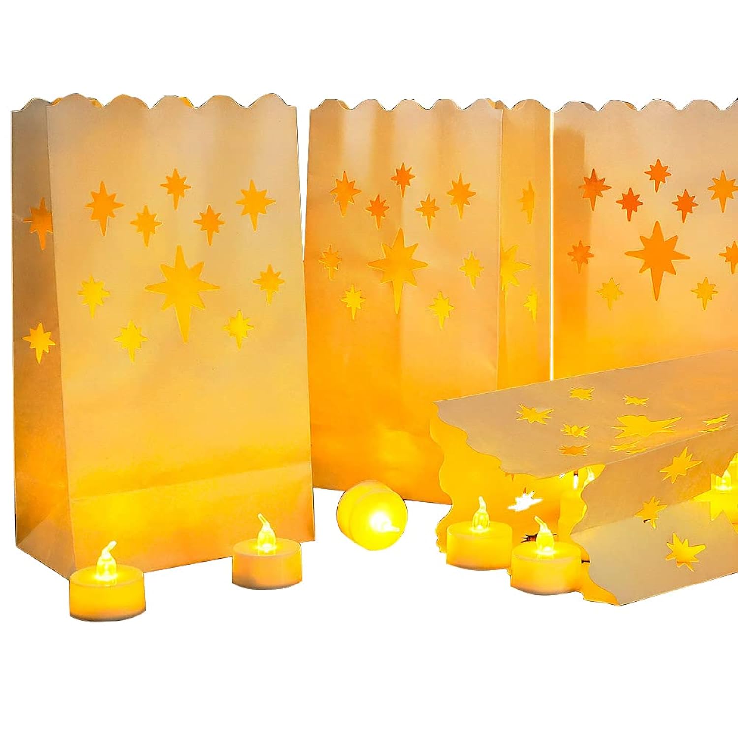 50 Set Led Candles With Luminaries Bags,Paper Luminary Bags Flickering Tea Light Battery Operated For Wedding Party,Halloween,Christmas,Decoration- Meteor