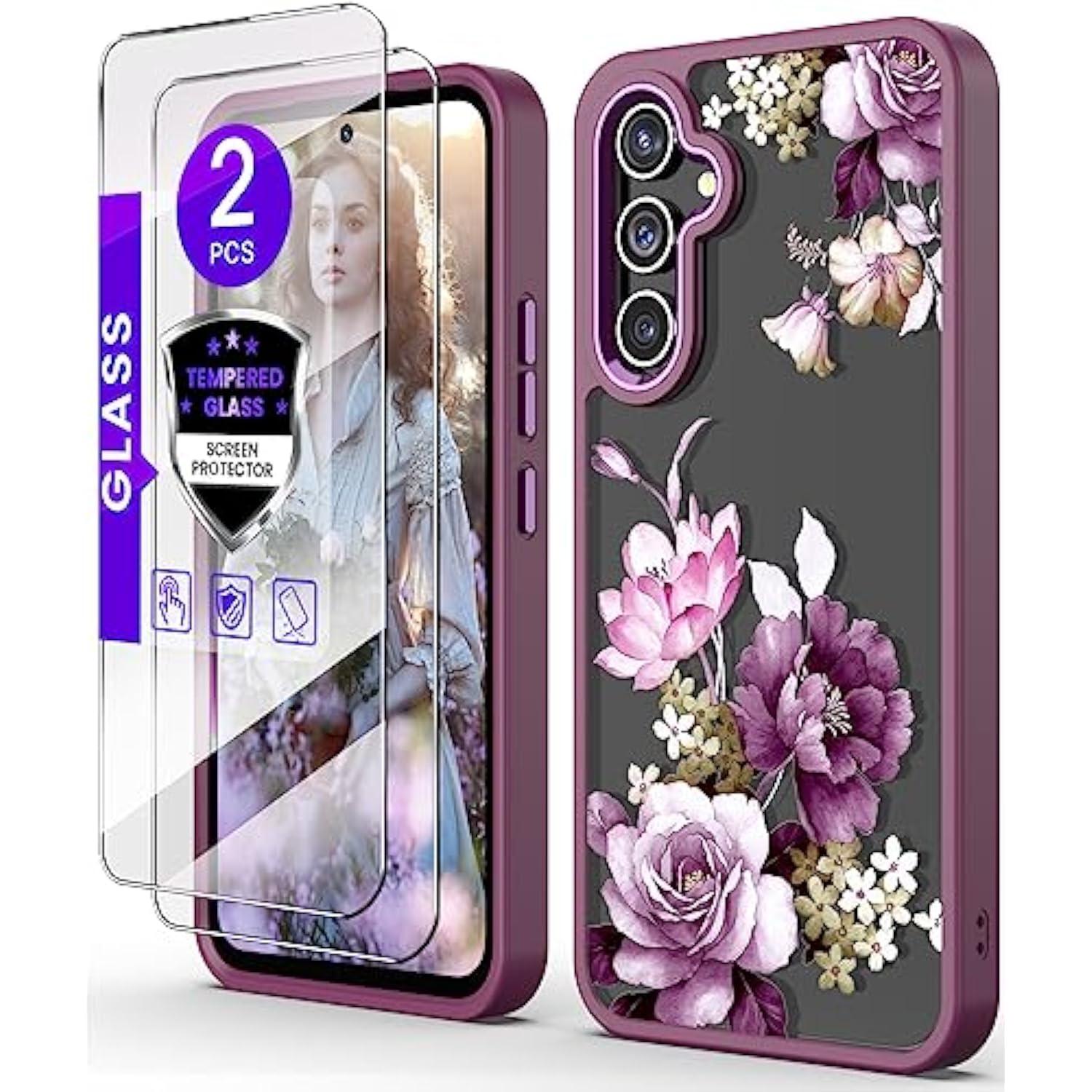 For Samsung Galaxy A54 5G Case With Tempered Glass Screen Protector [2 Pack],[Military Grade Protective] Slim Soft Tpu & Hard Pc,Girls Women Crystal Clear Flower Pattern Cases(Jd/Purple)