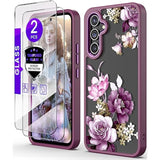 For Samsung Galaxy A54 5G Case With Tempered Glass Screen Protector [2 Pack],[Military Grade Protective] Slim Soft Tpu & Hard Pc,Girls Women Crystal Clear Flower Pattern Cases(Jd/Purple)