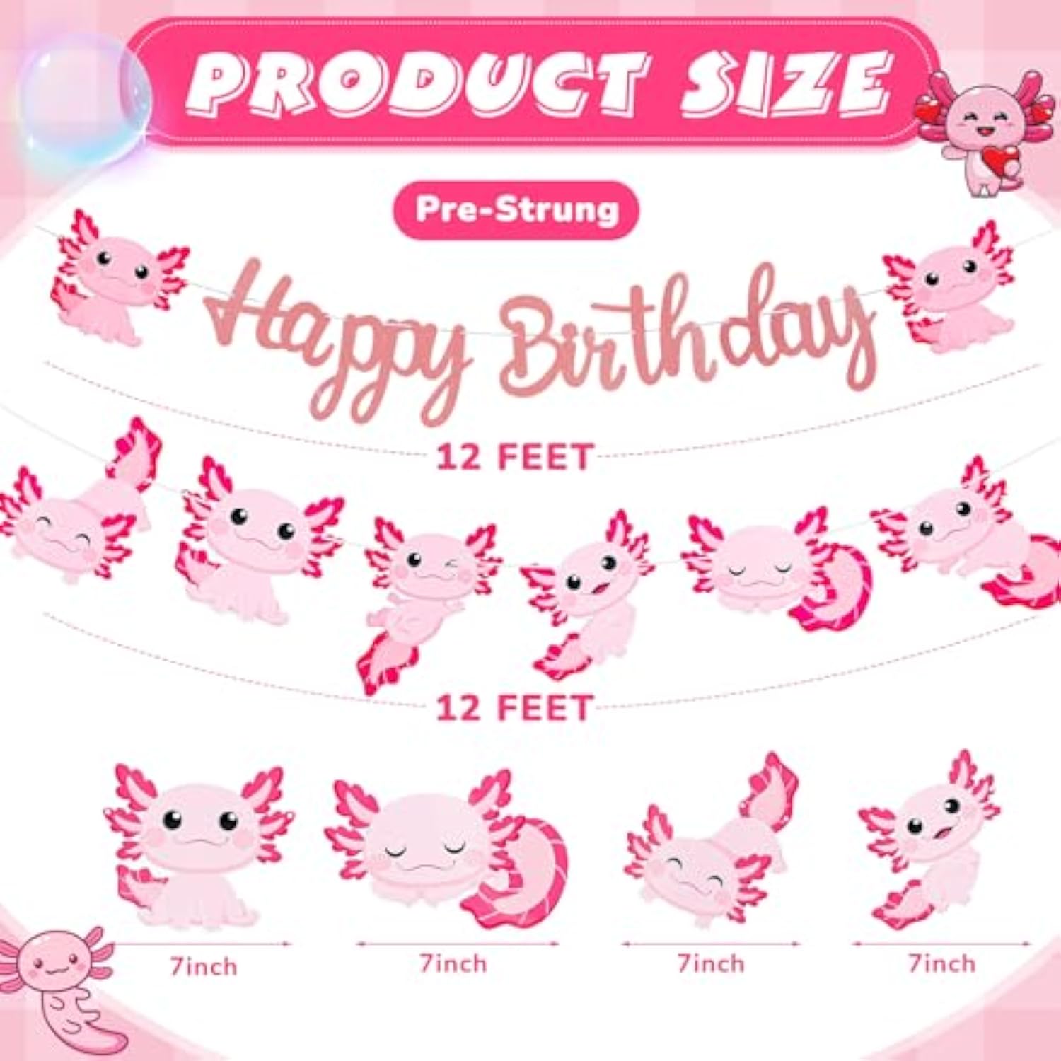 2 Pcs Axolotl Birthday Banner Decorations Axolotl Birthday Party Favors Cute Cartoon Garland Sign Pre Strung For Party Ocean Animal Reptile Party Supplies(Pink)