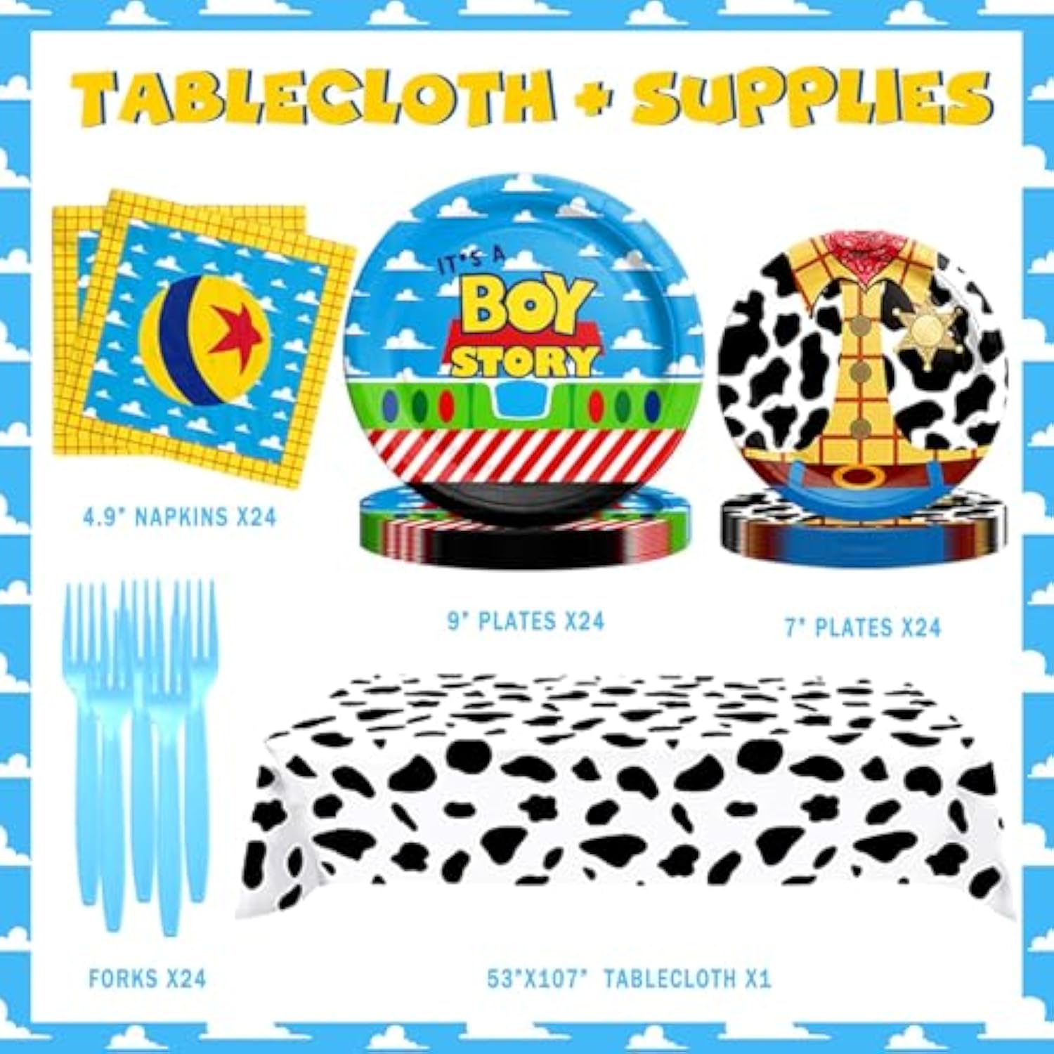 Cartoon Toy Baby Shower Decorations For Boys, Blue Toy Inspired Story It’S A Boy Story Supplies, Backdrop Balloon Garland Banner Tablecloth Cake Topper Tableware Plates Napkins Forks